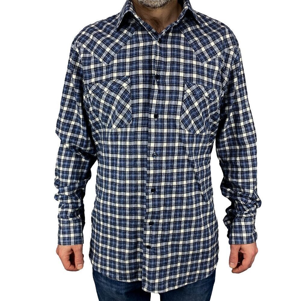 YOSSI Hand-made Casual Western Button-down Blue & White Checkered Shirt